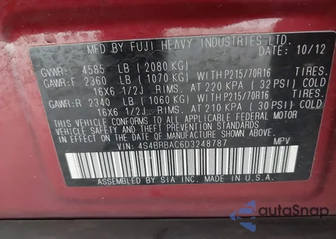 2013 Subaru Outback 2.5I from USA, damaged, VIN 4S4BRBAC6D3248787